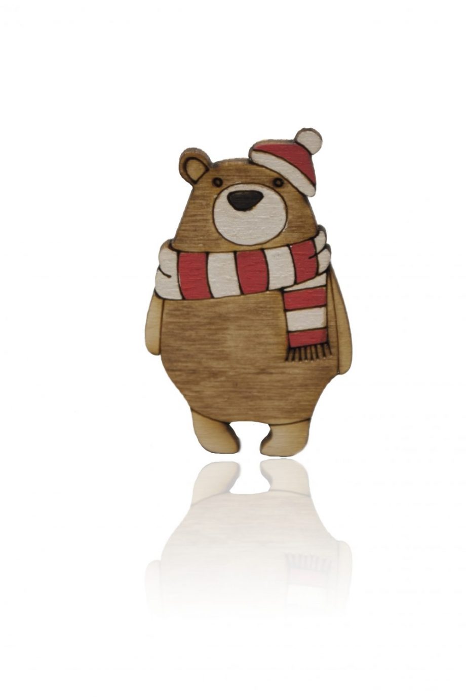Drevená maľovaná brošňa - Medveď s červeným šálom